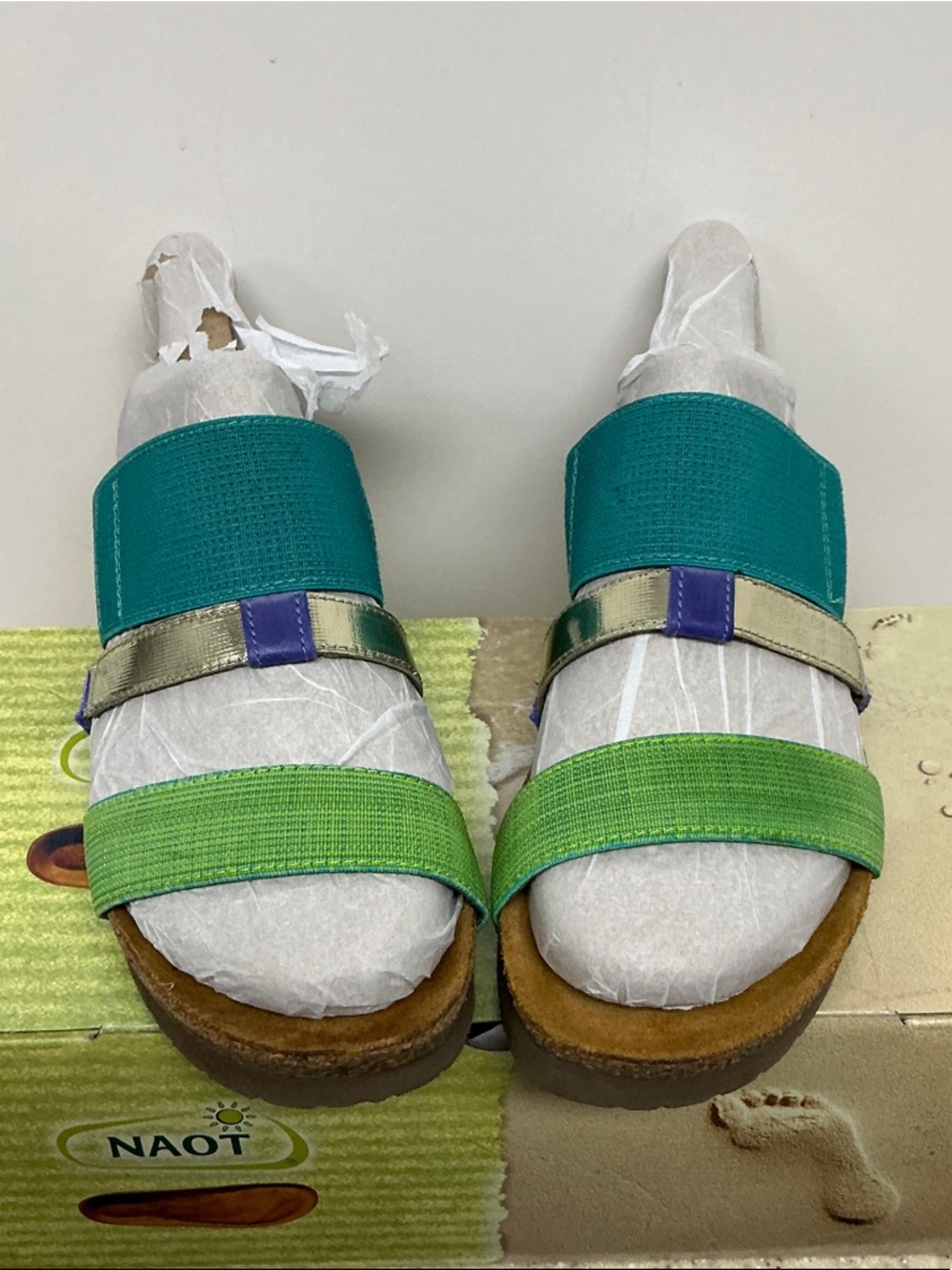 Naot Kids Teal, Bright Green and Metallic Strap Sandals